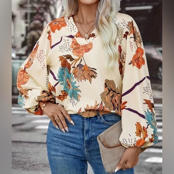 unbranded Tops - NEW Floral Print V-neck Blouse Fall Long Lantern Sleeve Loose Fit. Satin Like S